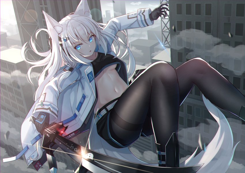 :o animal_ear_fluff animal_ears bangs belt black_footwear black_gloves black_legwear black_shorts blue_eyes breasts cityscape crop_top falling floating_hair fox_ears fox_girl fox_tail gloves hair_ornament hairclip highres holding holding_sword holding_weapon jacket medium_breasts midriff mirufuaa navel open_clothes open_jacket original pantyhose shorts sidelocks stomach sword tail thighband_pantyhose tied_hair under_boob weapon white_hair white_jacket