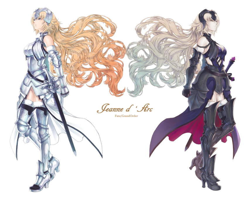 2girls armor blonde_hair blue_eyes character_name copyright_name dual_persona fate/grand_order fate_(series) floating_hair highres jeanne_d'arc_(alter)_(fate) jeanne_d'arc_(fate) jeanne_d'arc_(fate)_(all) long_hair looking_up multiple_girls takeda_yuuko very_long_hair white_background