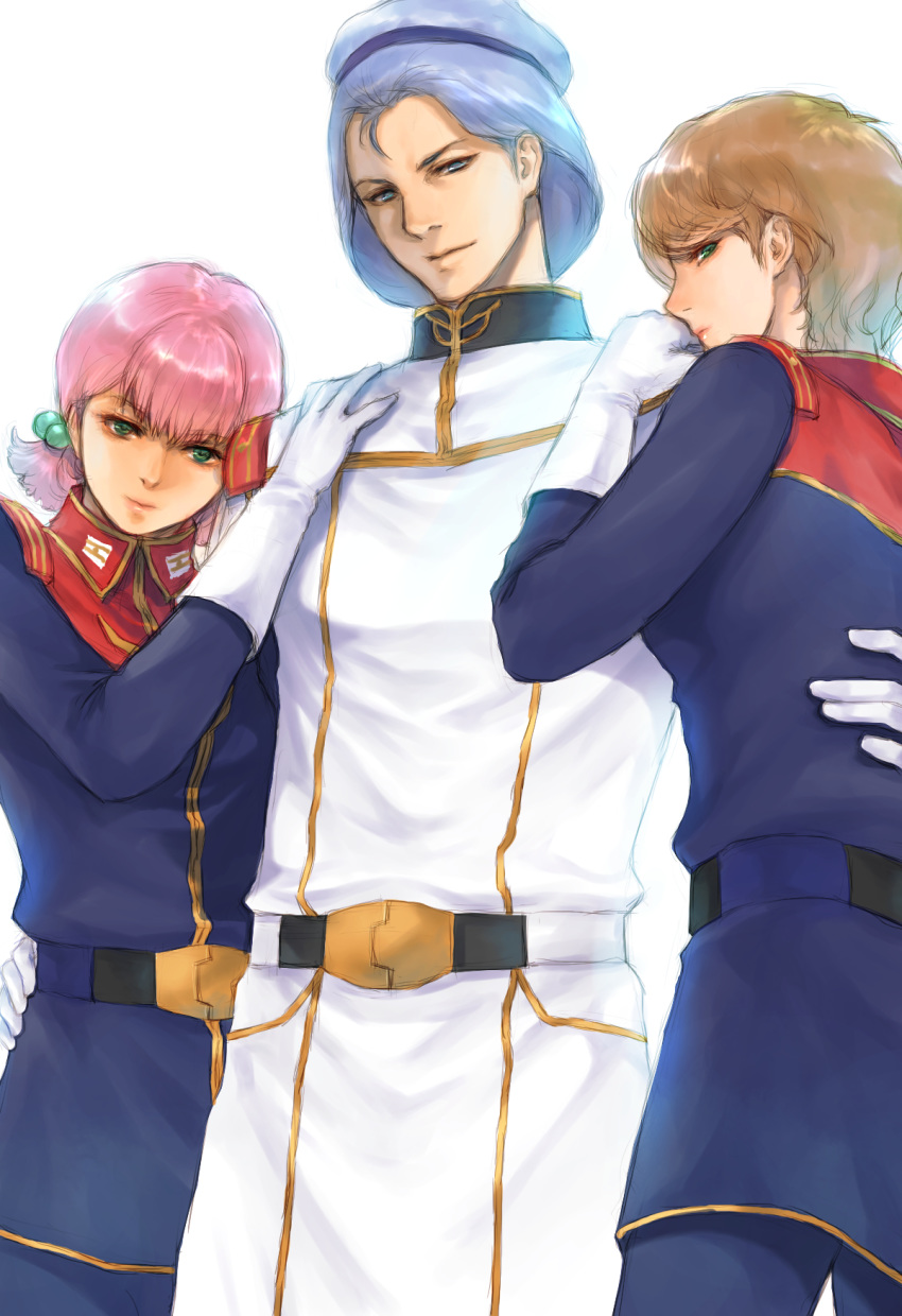 1boy 2girls bangs brown_hair gundam hand_on_another's_hip highres leaning_on_person looking_at_viewer looking_down military military_uniform multiple_girls paptimus_scirocco pink_hair purple_hair reccoa_londe sarah_zabiarov short_hair takeda_yuuko uniform zeta_gundam