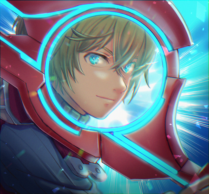 1boy backlighting blonde_hair blue_eyes fuwamoko_momen_toufu glowing glowing_eyes highres holding holding_sword holding_weapon looking_at_viewer male_focus monado shulk_(xenoblade) solo sword turtleneck upper_body weapon xenoblade_chronicles xenoblade_chronicles_(series)