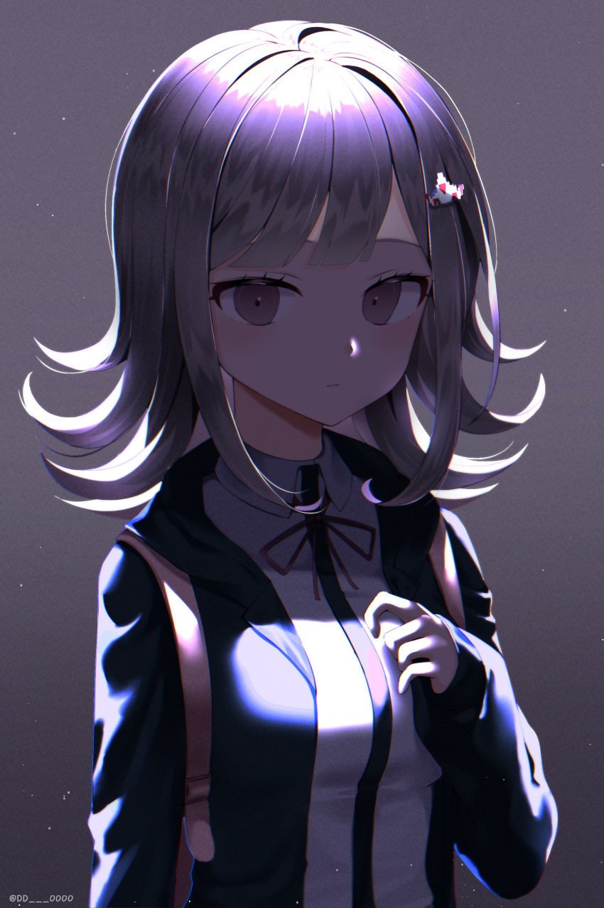 1girl absurdres artist_name backpack bag bangs black_jacket blunt_bangs breasts closed_mouth commentary_request dangan_ronpa dd_0000 flipped_hair hair_ornament hairclip highres hood hood_down hooded_jacket hoodie jacket large_breasts long_sleeves looking_at_viewer nanami_chiaki open_clothes open_jacket pink_eyes pink_hair shirt short_hair sleeves_past_wrists solo super_dangan_ronpa_2 twitter_username upper_body white_shirt