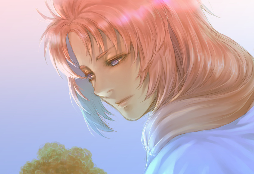 1girl blue_background close-up expressionless gundam gundam_unicorn highres looking_down marida_cruz medium_hair pink_hair solo takeda_yuuko tree violet_eyes