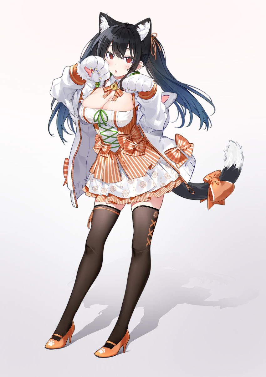 1girl :o absurdres animal_ear_fluff animal_ears bangs bell black_hair black_legwear blush bow breasts commentary_request cross-laced_clothes detached_collar dress food fruit fruits_fulcute! full_body gloves gradient gradient_background grey_background hair_ribbon hands_up headphones headphones_around_neck heart high_heels highres jacket jingle_bell large_breasts legs long_hair open_clothes open_jacket orange orange_(fruits_fulcute!) orange_bow orange_dress orange_footwear orange_print orange_ribbon orange_slice orange_theme paw_gloves paw_pose paws print_legwear red_eyes revision ribbon shadow short_dress skindentation solo standing stiletto_heels striped tail tail_ribbon thigh-highs twintails unzipped vertical_stripes white_jacket xretakex zettai_ryouiki zipper