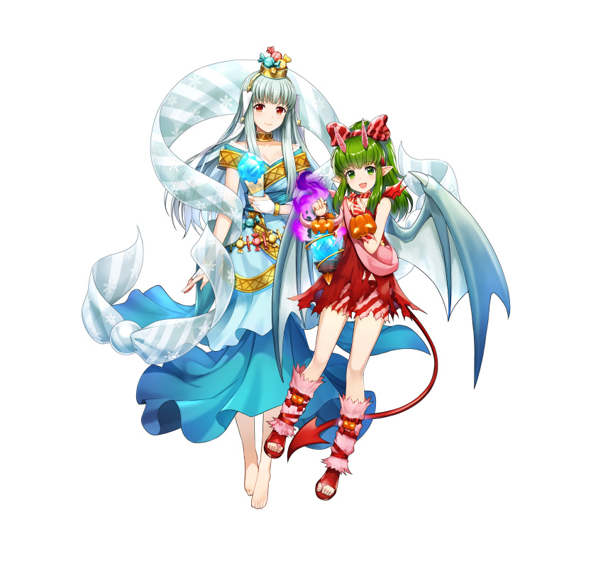 2girls absurdres alternate_costume amagai_tarou bangs bare_shoulders barefoot bridal_gauntlets closed_mouth collarbone cosplay demon_tail dress eyebrows_visible_through_hair fire_emblem fire_emblem:_mystery_of_the_emblem fire_emblem:_the_blazing_blade fire_emblem_heroes full_body green_eyes hagoromo hair_ornament halloween_costume highres holding horns lips long_dress long_hair looking_at_viewer multiple_girls ninian_(fire_emblem) official_art open_mouth open_toe_shoes pointy_ears ponytail red_dress red_eyes shawl shiny shiny_hair short_dress sidelocks silver_hair sleeveless smile snowflake_print tail tied_hair tiki_(fire_emblem) toes white_background wings