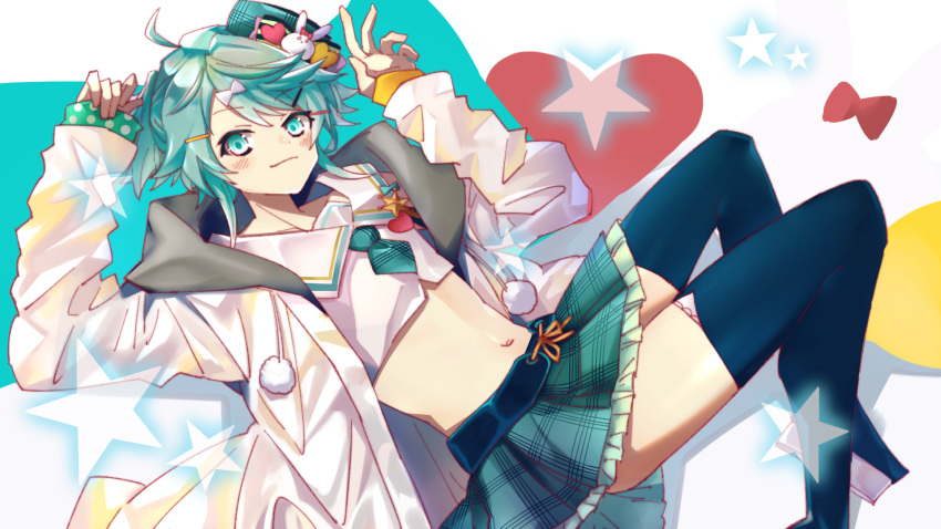1boy ahoge arms_up blush boots closed_mouth commentary_request eyebrows_visible_through_hair green_eyes green_hair hair_ornament hairclip hat hat_pin heart highres holostars jacket kagami_kira light_smile long_sleeves looking_at_viewer male_focus midriff navel otoko_no_ko pom_pom_(clothes) silou_b skirt solo thigh-highs thigh_boots virtual_youtuber