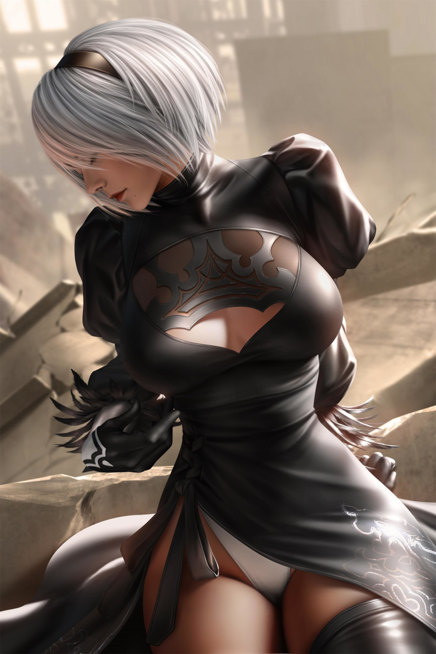 1girl absurdres black_dress black_hairband boots cleavage_cutout closed_eyes clothing_cutout cloud.d dress feather-trimmed_sleeves grey_hair hairband highleg highleg_leotard highres juliet_sleeves leather leather_boots leotard long_sleeves mole mole_under_mouth nier_(series) nier_automata no_blindfold puffy_sleeves silver_hair solo sword thigh-highs thigh_boots thighs thong_leotard weapon white_hair white_leotard yorha_no._2_type_b