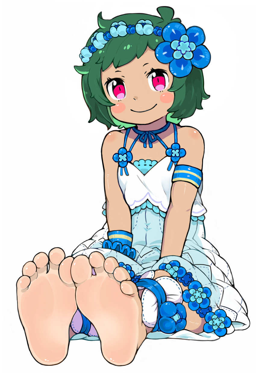 1girl absurdres armband barefoot blue_dress blush child closed_mouth commentary_request dark_skin dress eyebrows eyelashes feet flower green_hair hair_flower hair_ornament head_wreath highres legs looking_at_viewer menla partial_commentary petals pink_eyes pov pov_feet re:zero_kara_hajimeru_isekai_seikatsu short_hair simple_background sitting smile soles solo teasing toes typhon_(re:zero) white_background