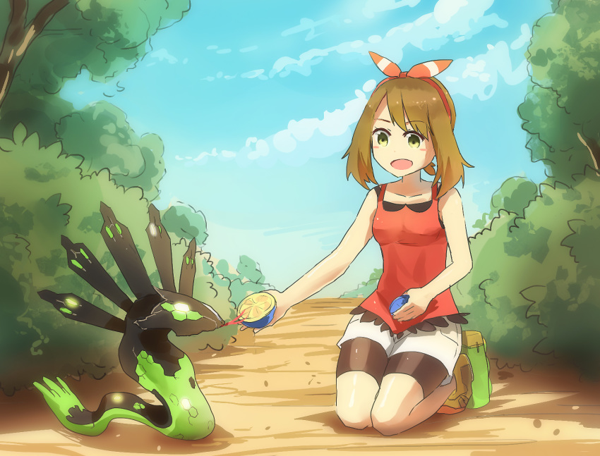 1girl bag bangs bare_arms bike_shorts blush_stickers bow_hairband brown_hair bush clouds collarbone commentary_request day eyebrows_visible_through_hair eyelashes feeding gen_6_pokemon green_eyes hairband holding kneeling legendary_pokemon may_(pokemon) nagakura_(seven_walkers) open_mouth outdoors pokemon pokemon_(creature) pokemon_(game) pokemon_oras red_hairband red_tank_top shorts sky tank_top tree white_shorts zygarde zygarde_(50)