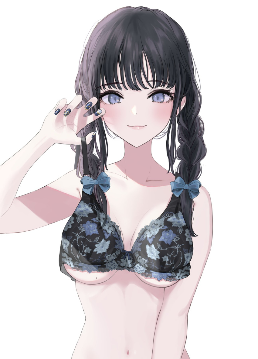 1girl black_hair black_nails blue_bow blue_eyes blush bow breasts closed_mouth collarbone eyebrows_visible_through_hair fingernails floral_print hair_bow highres medium_hair mole mole_on_breast nail_art navel original pink_lips simple_background slit_pupils smile solo sutochan twintails white_background