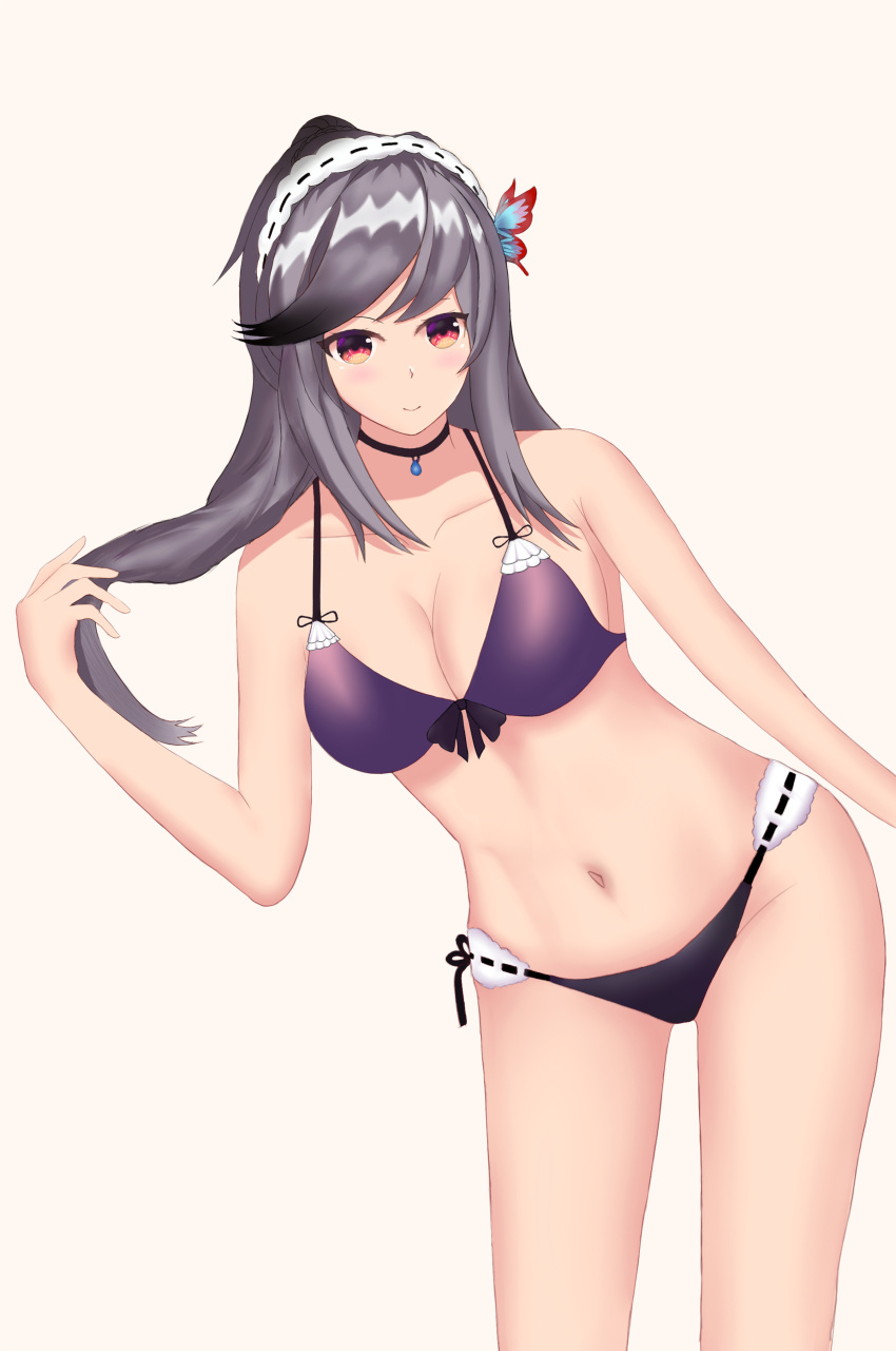 1girl absurdres artist_request azur_lane bikini black_choker blue_butterfly braid breasts butterfly_hair_ornament choker crown_braid dunkerque_(azur_lane) dunkerque_(summer_sucre)_(azur_lane) front-tie_bikini front-tie_top grey_hair hair_ornament headdress highres large_breasts long_hair purple_bikini red_eyes sapphire_(gemstone) simple_background solo swimsuit