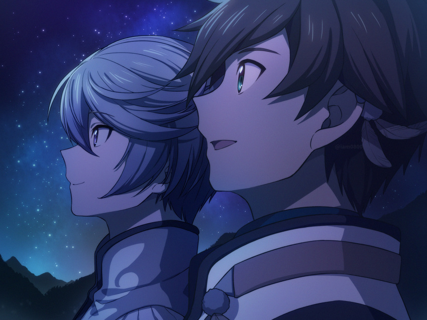 2boys bangs brown_hair closed_mouth commentary_request eyebrows_visible_through_hair green_eyes hair_between_eyes highres male_focus mikleo_(tales) mountain multiple_boys night night_sky open_mouth outdoors profile sayshownen short_hair silver_hair sky smile sorey_(tales) star_(sky) starry_sky tales_of_(series) tales_of_zestiria twitter_username upper_body violet_eyes watermark