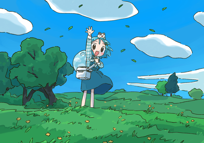 &gt;_&lt; 1girl 1nupool :3 :d arm_up bangs black_eyes blue_dress blue_hair blue_shirt blue_sky blush_stickers bush cloud_print clouds cloudy_sky cooler creature_on_head day dot_nose dress falling_leaves feet_out_of_frame floating_hair flower frilled_dress frills from_side grass hair_ornament hairclip highres hill leaf legs_apart long_sleeves looking_afar looking_ahead looking_at_viewer medium_dress no_pupils on_head open_hand open_mouth original outdoors plaid plaid_shirt sack scenery shade shirt short_hair sky smile solo standing tareme tree waving waving_arm wide_shot wind x3 yellow_flower
