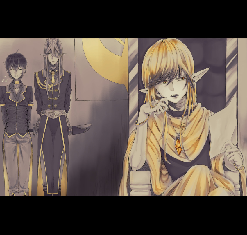 3boys black_hair blonde_hair bracelet closed_eyes gem golden_emperor_shara grey_hair grey_pants highres indoors jewelry letterboxed multiple_boys necklace pants pixiv_fantasia pixiv_fantasia_age_of_starlight pointy_ears sitting sword throne weapon yellow_eyes