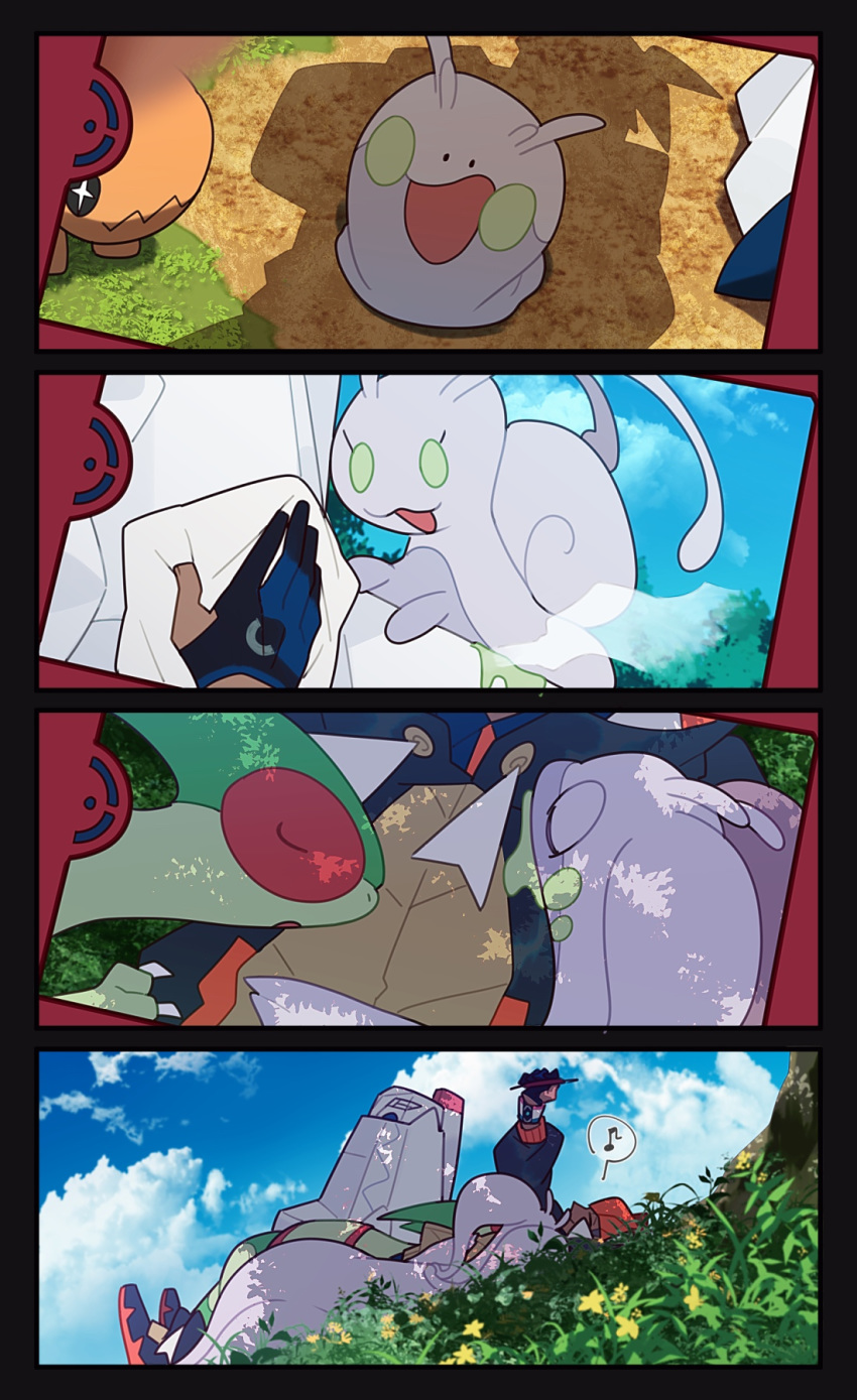 1boy clouds commentary_request day duraludon dynamax_band flygon gen_3_pokemon gen_6_pokemon gen_8_pokemon gloves goodra goomy highres holding lying musical_note on_back outdoors partly_fingerless_gloves pokemon pokemon_(creature) pokemon_(game) pokemon_swsh raihan_(pokemon) shigetake_(buroira) shoes sky sliggoo spoken_musical_note trapinch