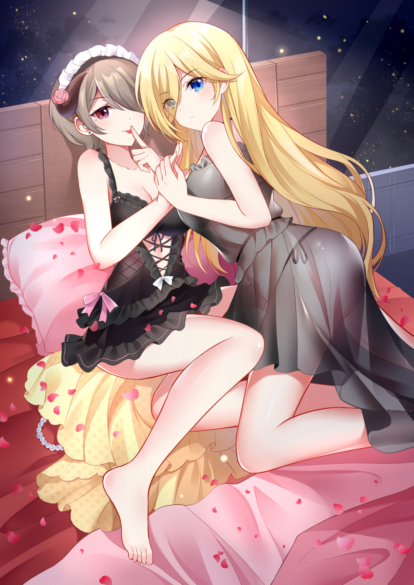 2girls bare_legs barefoot bianka_durandal_ataegina blonde_hair blue_eyes bra earrings fake_horns finger_to_mouth flower frills gou_lianlian_dogface hair_flower hair_ornament hair_over_one_eye highres honkai_(series) honkai_impact_3rd horns indoors jewelry long_hair maid_headdress mole mole_under_eye multiple_girls night nightgown on_bed panties pillow pink_flower pink_rose rita_rossweisse rita_rossweisse_(umbral_rose) rose see-through short_hair side-tie_panties tongue tongue_out underwear violet_eyes window