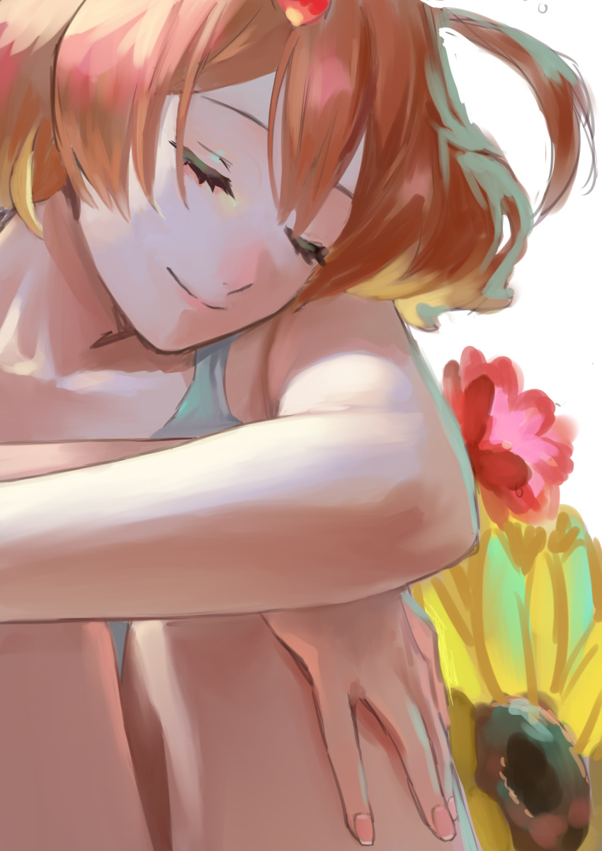 1girl blonde_hair closed_eyes closed_mouth collarbone flower freyja_wion hair_ornament highres leg_hug macross macross_delta multicolored_hair one_side_up orange_hair pote-mm shiny shiny_hair short_hair sitting sleeveless smile solo two-tone_hair yellow_flower