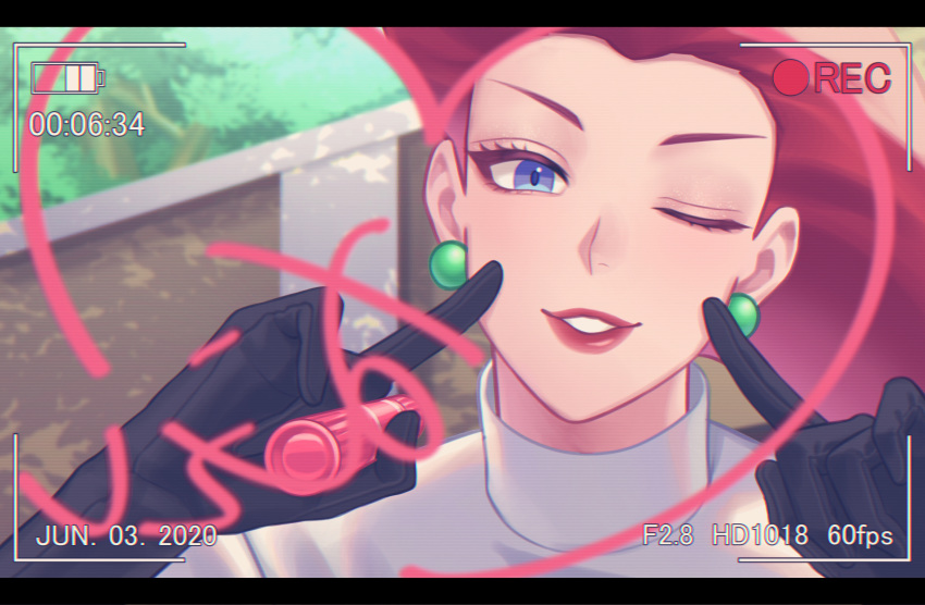 1girl battery_indicator black_gloves blue_eyes commentary_request dated earrings eyelashes gi_xxy gloves hands_up heart highres holding holding_pen index_fingers_raised jessie_(pokemon) jewelry lipstick long_hair looking_at_viewer makeup number one_eye_closed pen pokemon pokemon_(anime) recording red_lips redhead solo team_rocket team_rocket_uniform viewfinder