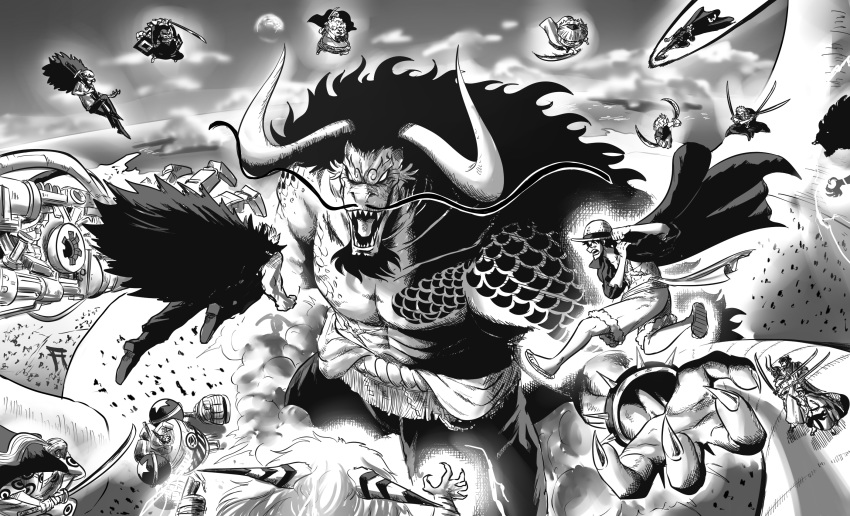 6+boys abs angry arm_tattoo attack beard big_hair blank_eyes bracelet chest chest_tattoo coat commentary day dragon_tail dual_wielding english_commentary eustass_captain_kid facial_hair fisheye franky_shogun giant greyscale helm helmet highres holding holding_sword holding_weapon horns jewelry kaidou_(one_piece) killer_(one_piece) kinemon looking_at_another male_focus metal monkey_d_luffy monochrome monster_boy multiple_boys muscle one_piece open_mouth outdoors roronoa_zoro sanji sharp_teeth shirtless shorts size_difference snout spiked_bracelet spikes sword tail tattoo teeth tina_fate trafalgar_law v-shaped_eyebrows weapon