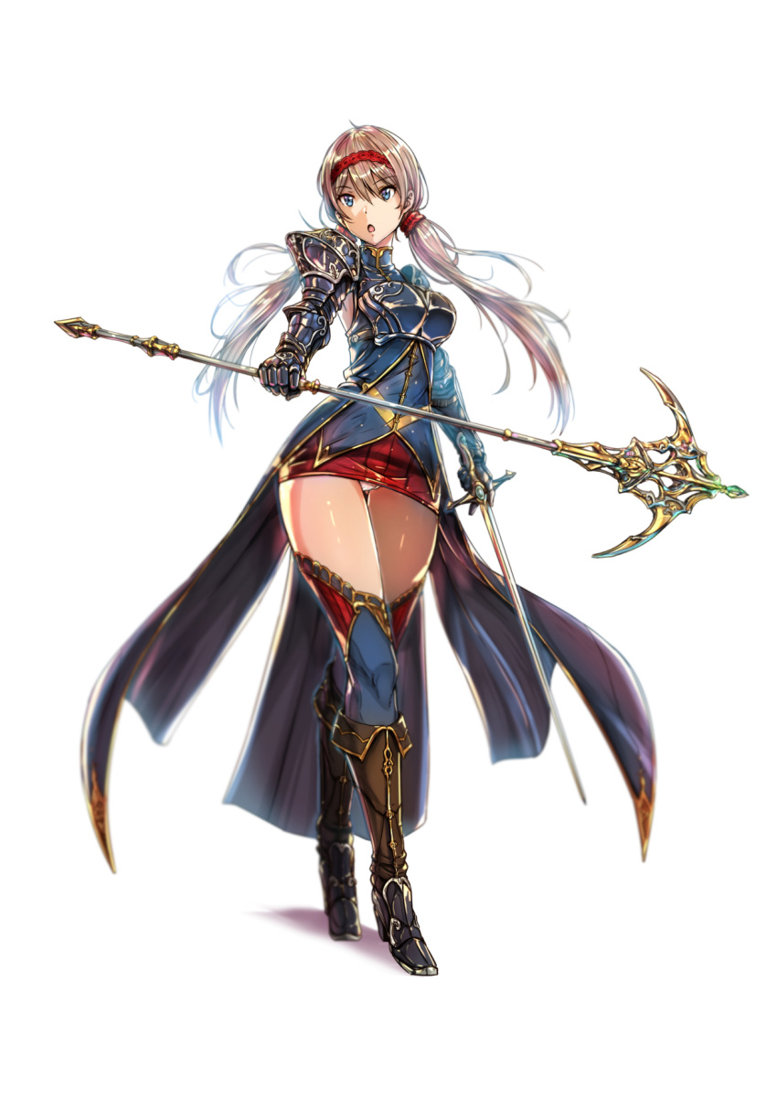 1girl armor bangs blue_eyes breastplate brown_hair eyebrows_visible_through_hair facing_viewer fantasy full_body gauntlets hair_between_eyes hairband highres holding holding_staff holding_sword holding_weapon kazeno long_hair miniskirt original panties pantyshot shoulder_armor skirt solo staff sword thigh-highs thighhighs_under_boots twintails underwear weapon white_background white_panties