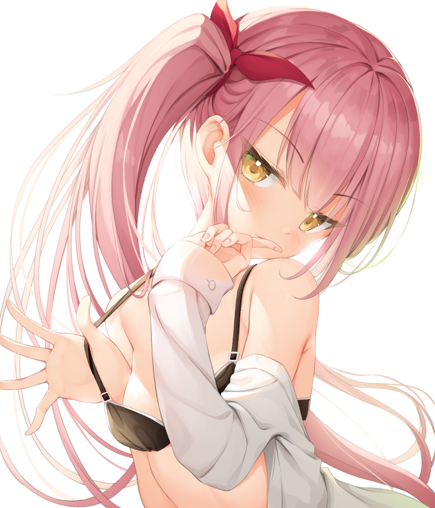 1girl absurdres bangs bare_shoulders black_bra blush bra breasts brown_eyes closed_mouth commentary_request eyebrows_visible_through_hair hair_ribbon highres long_hair long_sleeves looking_at_viewer nail_polish off_shoulder original pink_hair pink_nails red_ribbon ribbon seductive_smile shinigami_(tukiyomiikuto) side_ponytail simple_background sleeves_past_wrists small_breasts smile solo strap_lift underwear upper_body very_long_hair white_background