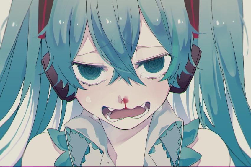 1girl @_@ bangs blood bloody_nose blue_hair collared_shirt crossed_bangs crying eiku eyebrows_visible_through_hair fangs grey_shirt hair_between_eyes hair_ornament hatsune_miku headphones long_hair nosebleed open_mouth shirt simple_background sleeveless sleeveless_shirt solo tears twintails upper_body vocaloid white_background