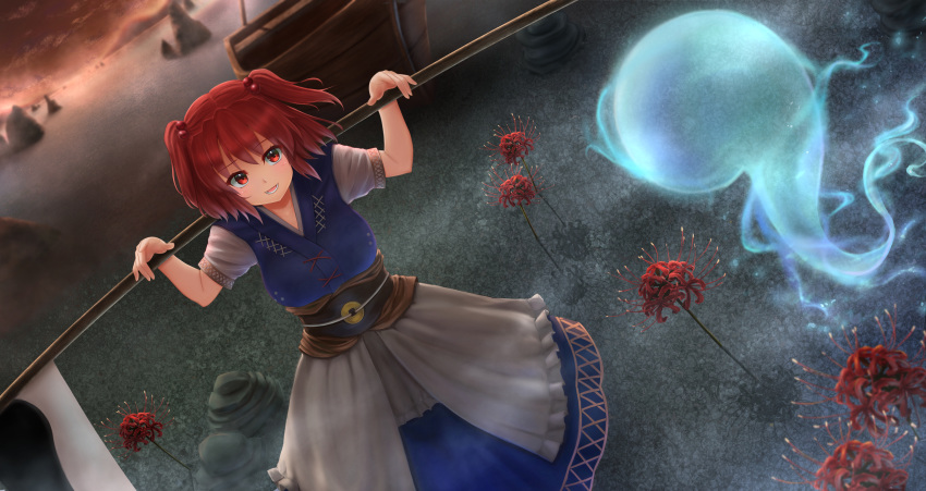 1girl absurdres arms_up belt blue_dress boat coin commentary_request cowboy_shot dress dutch_angle flower from_above hair_bobbles hair_ornament highres hitodama layered_dress looking_to_the_side lower_teeth luke_(kyeftss) onozuka_komachi open_mouth red_eyes redhead rock sanzu_river scythe shirt short_hair short_sleeves solo spider_lily standing touhou two_side_up watercraft white_shirt