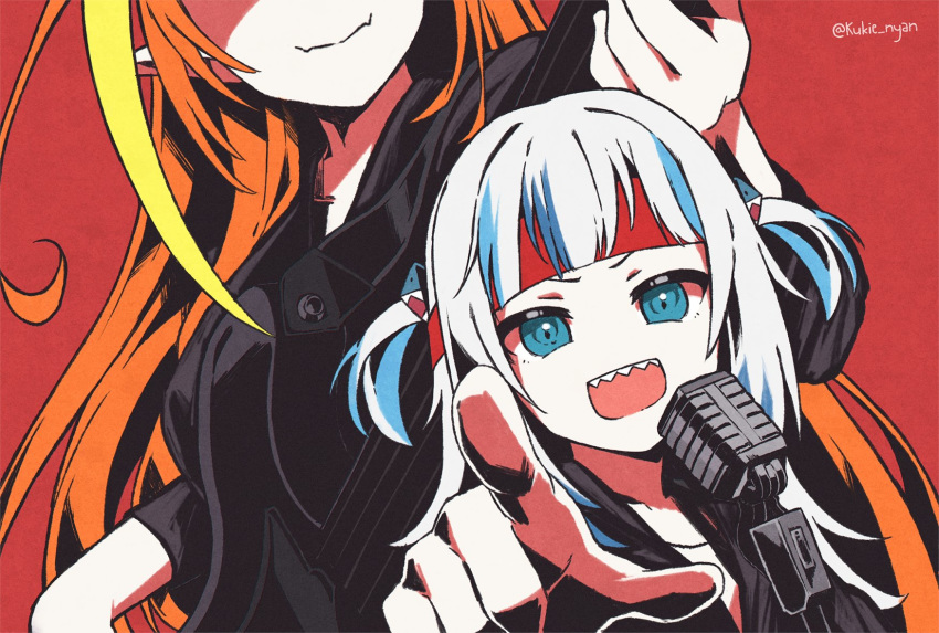 2girls artist_name bass_guitar black_shirt blonde_hair blue_eyes blue_hair gawr_gura head_out_of_frame headband height_difference highres hololive hololive_english instrument kiryuu_coco kukie-nyan looking_at_viewer microphone multicolored_hair multiple_girls no_nose orange_hair pointing pointing_at_viewer red_background red_headband sharp_teeth shirt streaked_hair teeth two_side_up virtual_youtuber