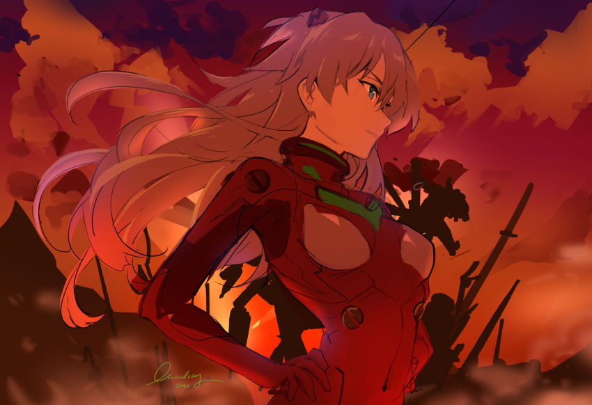 1girl bodysuit breasts closed_mouth cowboy_shot eva_02 fiery_background fire green_eyes highres long_hair lucidsky neon_genesis_evangelion orange_bodysuit orange_hair pilot_suit red_bodysuit ruins signature small_breasts souryuu_asuka_langley