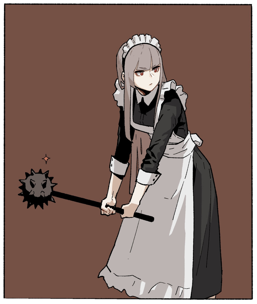 1girl apron black_dress border brown_background closed_mouth dress frown gogalking grey_hair hairband highres holding holding_weapon jitome leaning_forward long_hair long_sleeves mace maid maid_apron maid_headdress original red_eyes simple_background solo sparkle spiked_mace weapon white_apron white_border