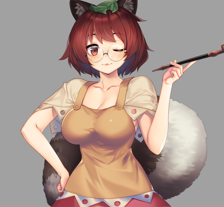 animal_ears breasts brown_dress brown_eyes brown_hair collarbone dress eyebrows_visible_through_hair futatsuiwa_mamizou glasses grey_background hair_ornament highres large_breasts leaf leaf_hair_ornament leaf_on_head lips looking_at_viewer one_eye_closed pipe raccoon_ears raccoon_tail red_ribbon ribbon short_sleeves simple_background tail tanuki tarmo touhou upper_body