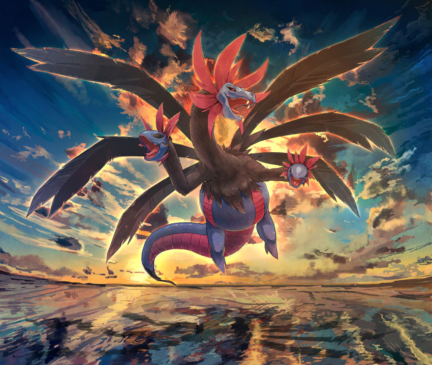 black_sclera clouds commentary_request dragon fangs floating full_body gen_5_pokemon highres hydreigon levitation nagakura_(seven_walkers) no_humans open_mouth outdoors pokemon pokemon_(creature) red_eyes sky solo sunset tongue