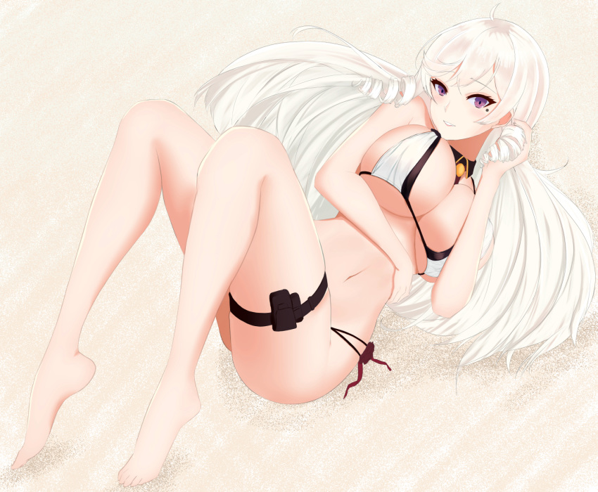 1girl algerie_(azur_lane) algerie_(white_sand_angel)_(azur_lane) artist_request azur_lane bikini breasts brown_bikini drill_hair eyebrows_visible_through_hair full_body hair_between_eyes highres large_breasts lying mole mole_under_eye multi-strapped_bikini multiple_straps on_back sand solo swimsuit thigh_strap twin_drills two-tone_bikini violet_eyes white_bikini white_hair