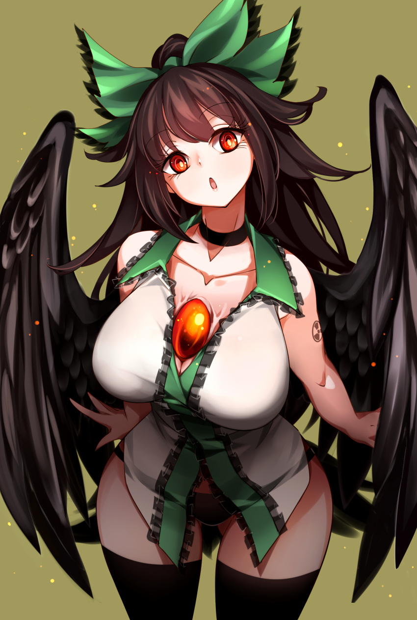 1girl :o absurdres ass_visible_through_thighs bare_arms black_choker black_hair black_panties black_wings bow breasts bright_pupils brown_hair cape choker collarbone cowboy_shot green_background green_bow hair_bow head_tilt highres large_breasts long_hair looking_at_viewer no_pants open_mouth panties ponytail radiation_symbol raptor7 red_eyes reiuji_utsuho shirt simple_background sleeveless sleeveless_shirt solo thigh-highs third_eye touhou underwear white_shirt wings