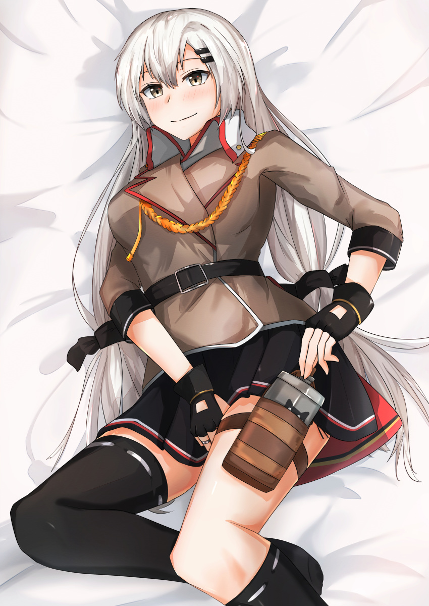 1girl absurdres asymmetrical_legwear belt black_belt black_gloves black_legwear black_skirt blush breasts brown_jacket closed_mouth eyebrows_visible_through_hair flask girls_frontline gloves grey_eyes grey_hair hair_ribbon highres holding_flask holster huge_filesize jacket jewelry long_hair lying medium_breasts muteppona_hito on_back partly_fingerless_gloves ribbon ring shirt silver_hair simple_background skirt smile solo svd_(girls_frontline) thigh-highs uniform white_shirt