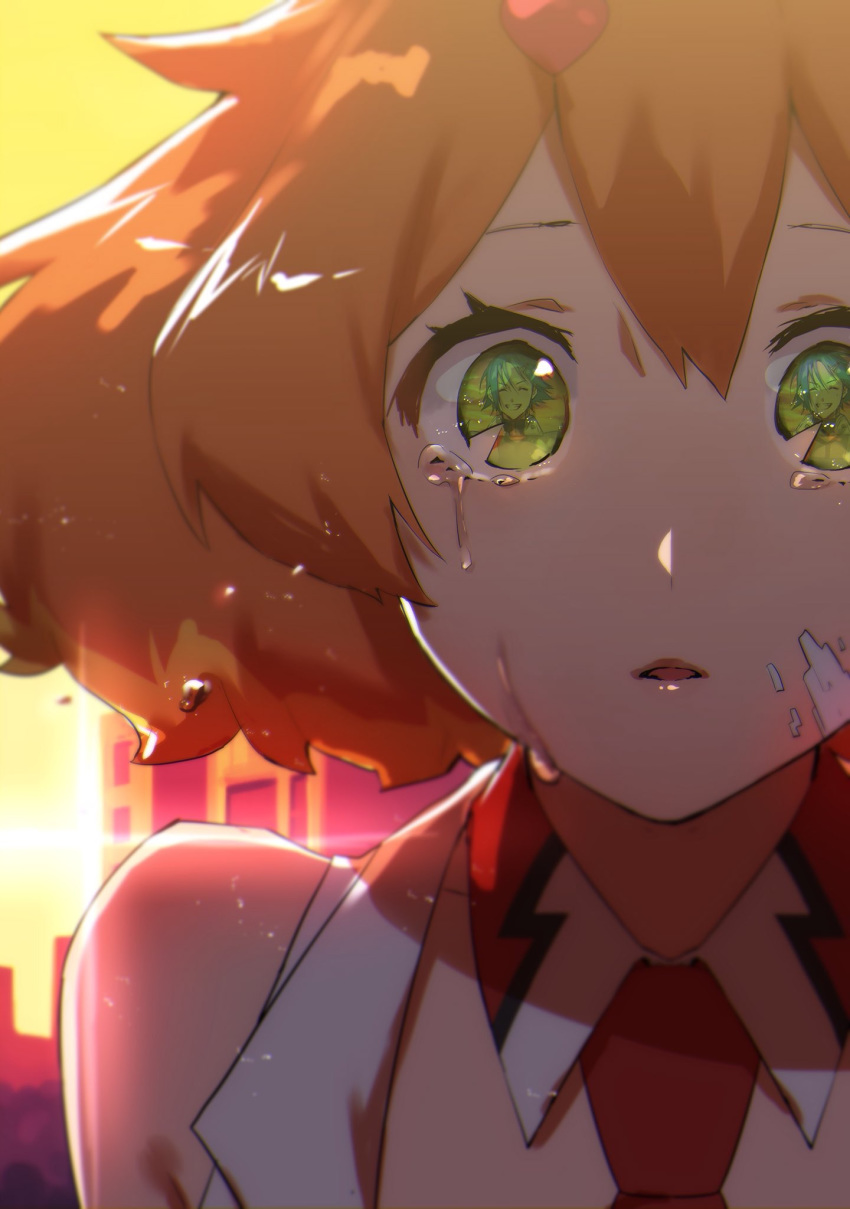 1girl bangs collarbone crying crying_with_eyes_open detached_collar freyja_wion green_eyes hair_between_eyes hair_ornament highres macross macross_delta medium_hair necktie open_mouth orange_hair portrait pote-mm red_neckwear sleeveless solo tears