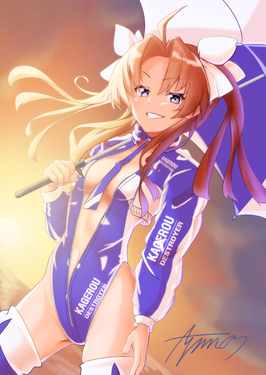 1girl ahoge alternate_costume ayuman blue_jacket blue_legwear blue_leotard breasts brown_hair cowboy_shot cropped_jacket full-length_zipper hair_ribbon highleg highleg_leotard highres holding holding_umbrella jacket kagerou_(kantai_collection) kantai_collection leotard long_hair long_sleeves navel partially_unzipped racequeen ribbon shrug_(clothing) small_breasts solo standing thigh-highs twintails umbrella violet_eyes white_ribbon zipper zipper_leotard zipper_pull_tab