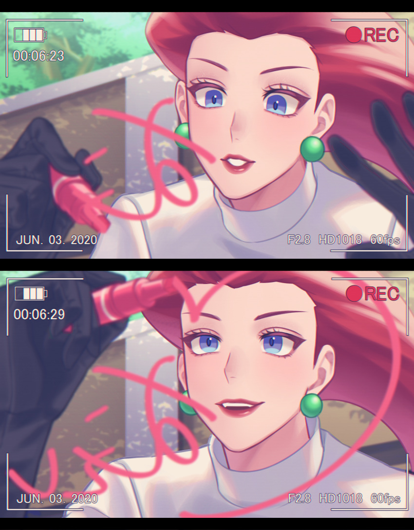1girl absurdres battery_indicator black_gloves blue_eyes commentary_request dated earrings eyelashes gi_xxy gloves highres holding holding_pen jessie_(pokemon) jewelry lipstick long_hair looking_up makeup number open_mouth pen pokemon pokemon_(anime) recording red_lips redhead team_rocket teeth viewfinder writing