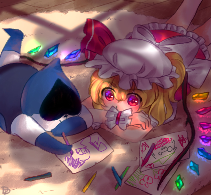 1girl blonde_hair crayon deltarune drawing flandre_scarlet frilled_skirt frills gloves hat jackybunny lancer_(deltarune) lying mob_cap on_stomach ralsei red_eyes red_skirt short_hair skirt susie_(deltarune) touhou white_skin wings wrist_cuffs