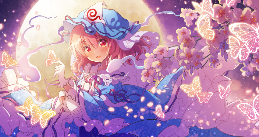 1girl :d blue_dress blue_headwear bug butterfly butterfly_on_hand cherry_blossoms dress full_moon gloves hat hat_ribbon highres insect kawanobe moon night open_mouth outdoors pink_hair purple_ribbon red_eyes ribbon ribbon-trimmed_headwear ribbon_trim saigyouji_yuyuko smile solo standing touhou white_gloves wide_sleeves