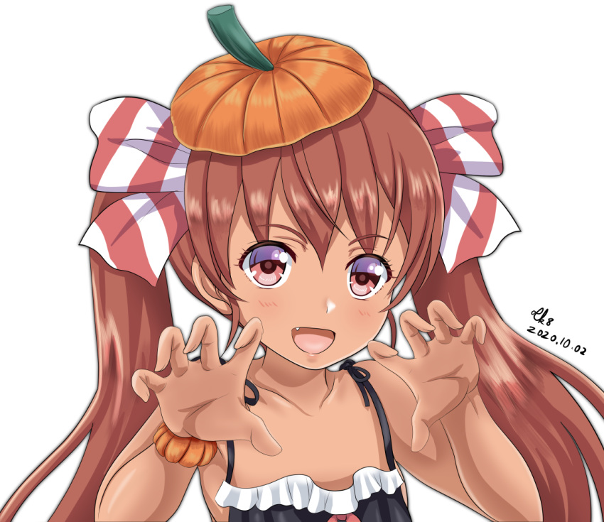 1girl :d artist_name bare_shoulders black_dress blush brown_eyes brown_hair collarbone dated dress eyebrows_visible_through_hair fang halloween halloween_costume kantai_collection libeccio_(kantai_collection) long_hair open_mouth signature simple_background smile solo tk8d32 twintails upper_body white_background