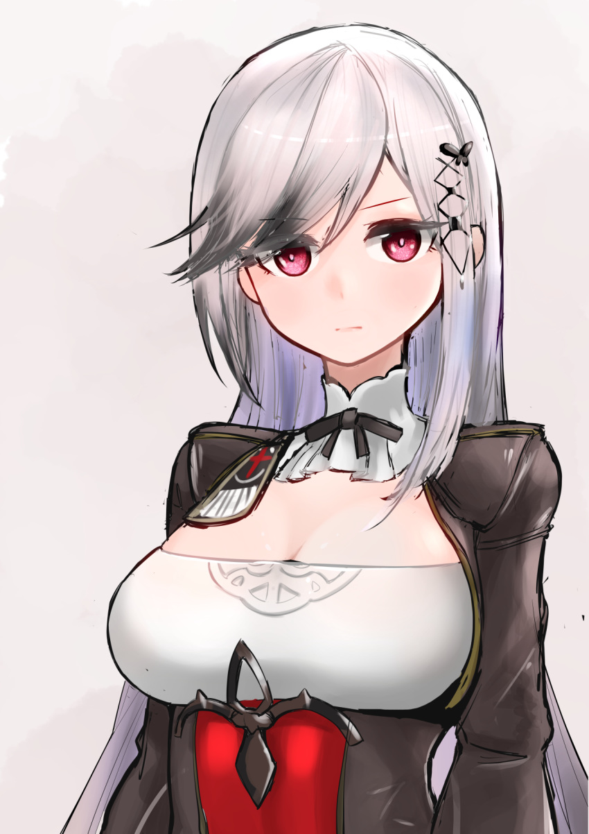1girl azur_lane breasts brown_jacket butterfly_hair_ornament cleavage_cutout clothing_cutout cross_hair_ornament dunkerque_(azur_lane) grey_hair hair_ornament highres jacket juusakai_erugo large_breasts long_hair looking_at_viewer red_eyes simple_background solo upper_body very_long_hair