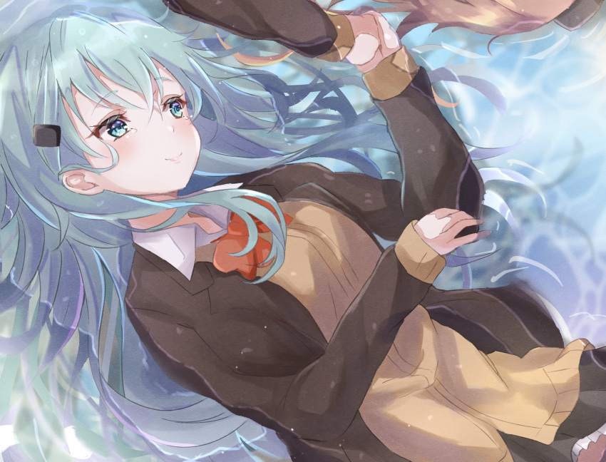 2girls aqua_eyes aqua_hair blazer bow bowtie brown_jacket brown_skirt cardigan hair_ornament hairclip highres jacket kantai_collection kumano_(kantai_collection) long_hair multiple_girls orange_neckwear partially_submerged pleated_skirt remodel_(kantai_collection) sa-ya2 school_uniform skirt solo_focus suzuya_(kantai_collection) upper_body water