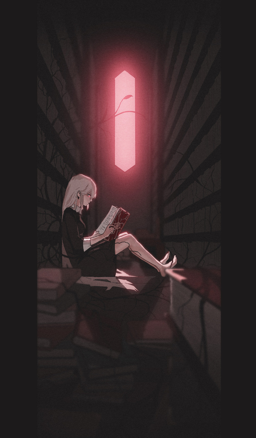 1girl absurdres barefoot black_dress blurry blurry_foreground book depth_of_field dress from_side gogalking grey_hair highres holding holding_book indoors long_hair long_sleeves negative_space open_book original pillarboxed pink_eyes reading sitting solo very_long_hair window