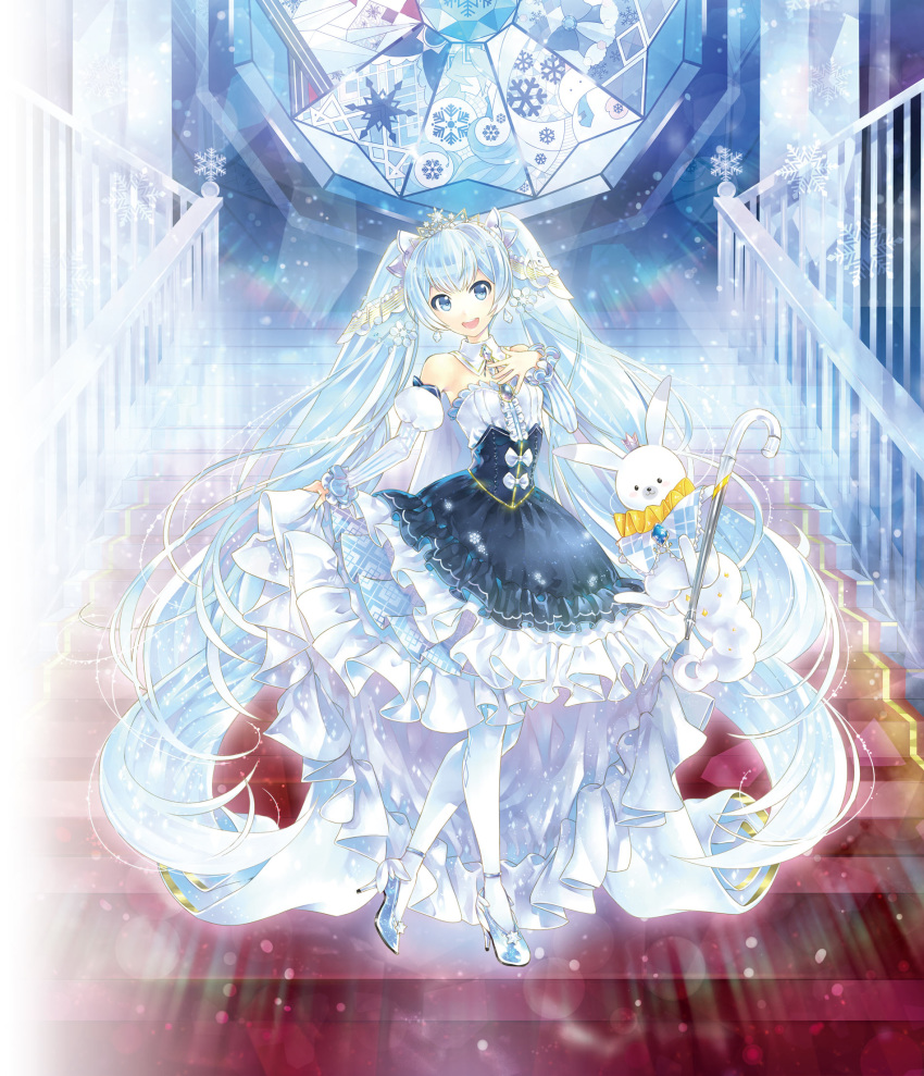 1girl 1other bangs bare_shoulders beamed_eighth_notes blue_dress breasts brooch cane cape detached_sleeves dress earrings eighth_note framed_breasts frilled_dress frilled_sleeves frills full_body glass_slipper gold_trim hair_ornament hand_on_own_chest hatsune_miku high_heels highres holding holding_cane hoop_skirt jewelry kei_(keigarou) layered_dress lens_flare light_blue_eyes light_blue_hair long_hair long_sleeves musical_note neck_ruff neckerchief official_art open_mouth plaid_neckwear princess puffy_detached_sleeves puffy_sleeves rabbit rabbit_yukine red_carpet skirt_hold sleeveless sleeveless_dress slippers small_breasts smile snowflake_hair_ornament snowflake_print snowflakes stained_glass stairs strapless strapless_dress striped_sleeves tiara twintails very_long_hair vocaloid white_legwear yuki_miku yuki_miku_(2019)