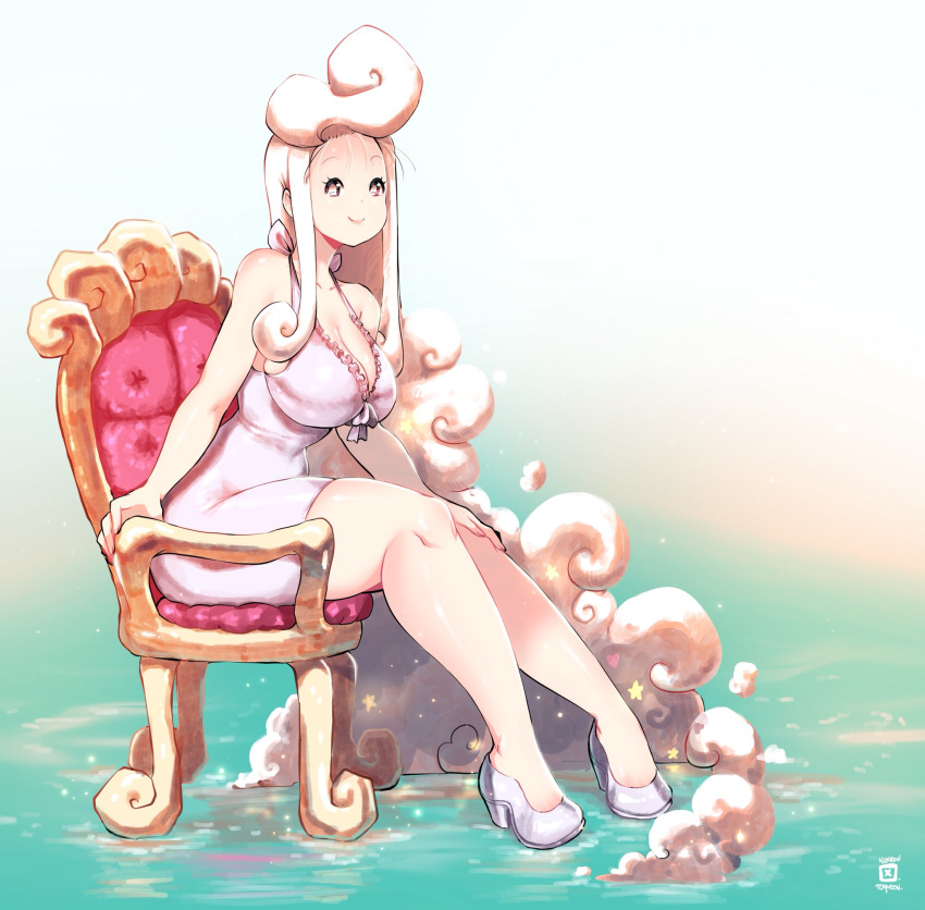 1girl breasts cloud_hair clouds dress hand_on_thigh high_heels highres kenron_toqueen large_breasts long_hair looking_at_viewer original sahne sitting sleeveless sleeveless_dress smile solo throne tight_dress very_long_hair white_dress white_footwear white_hair