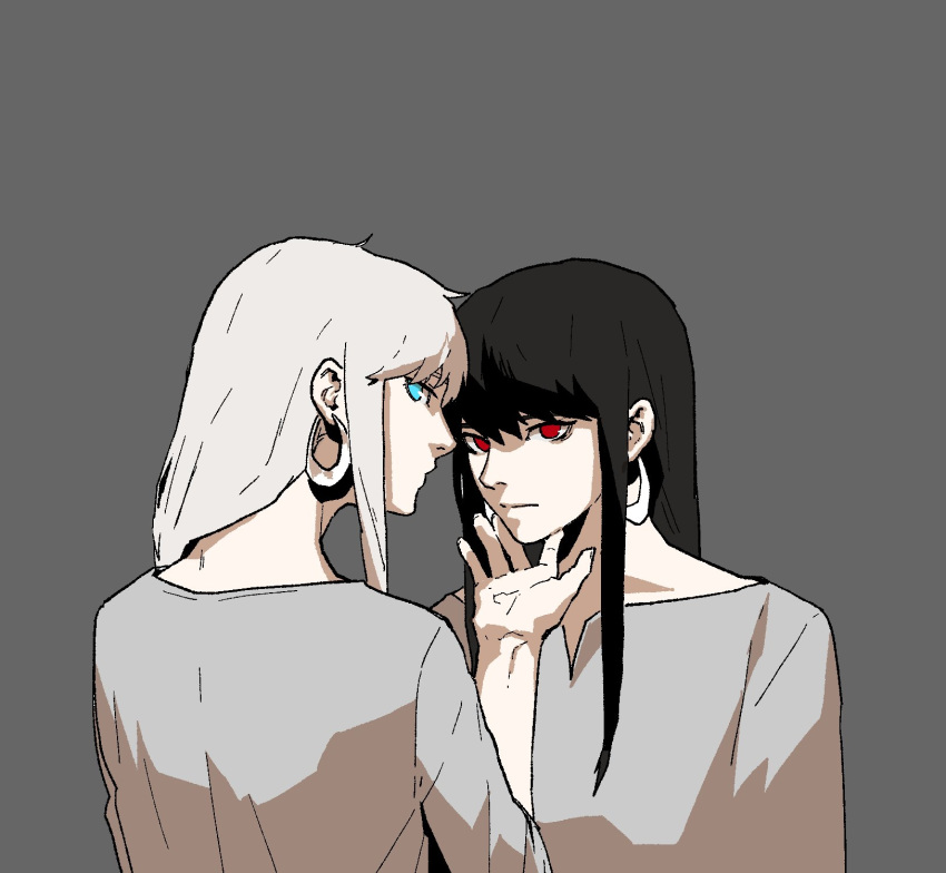 2girls black_hair blue_eyes closed_mouth earrings gogalking grey_background grey_shirt hand_on_another's_chin highres hoop_earrings jewelry looking_at_viewer looking_back multiple_girls original polar_opposites red_eyes shirt simple_background white_hair