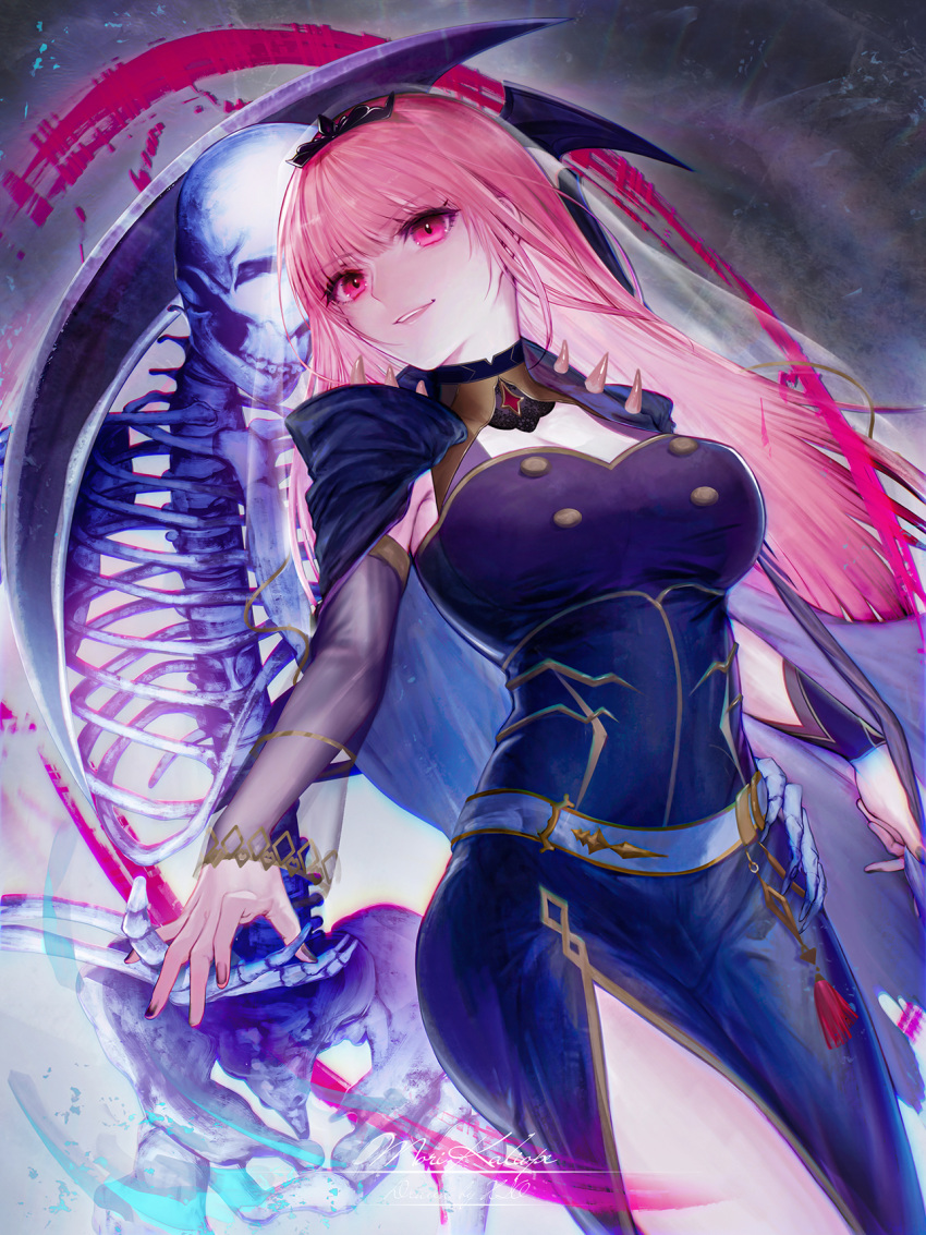 1girl bangs black_dress blunt_bangs breasts detached_sleeves dress eyebrows_visible_through_hair highres holding hololive hololive_english large_breasts long_hair looking_at_viewer mori_calliope open_mouth pink_eyes pink_hair scythe smile solo spikes tiara veil virtual_youtuber xio_xio