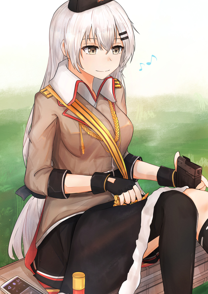 1girl absurdres black_gloves black_legwear black_skirt breasts brown_jacket cellphone closed_mouth eyebrows_visible_through_hair girls_frontline gloves grey_eyes grey_hair hat highres huge_filesize jacket long_hair looking_away medium_breasts military_hat musical_note muteppona_hito partly_fingerless_gloves phone red_star shirt silver_hair sitting skirt smartphone solo soviet svd_(girls_frontline) tape thigh-highs uniform weapon_case white_shirt