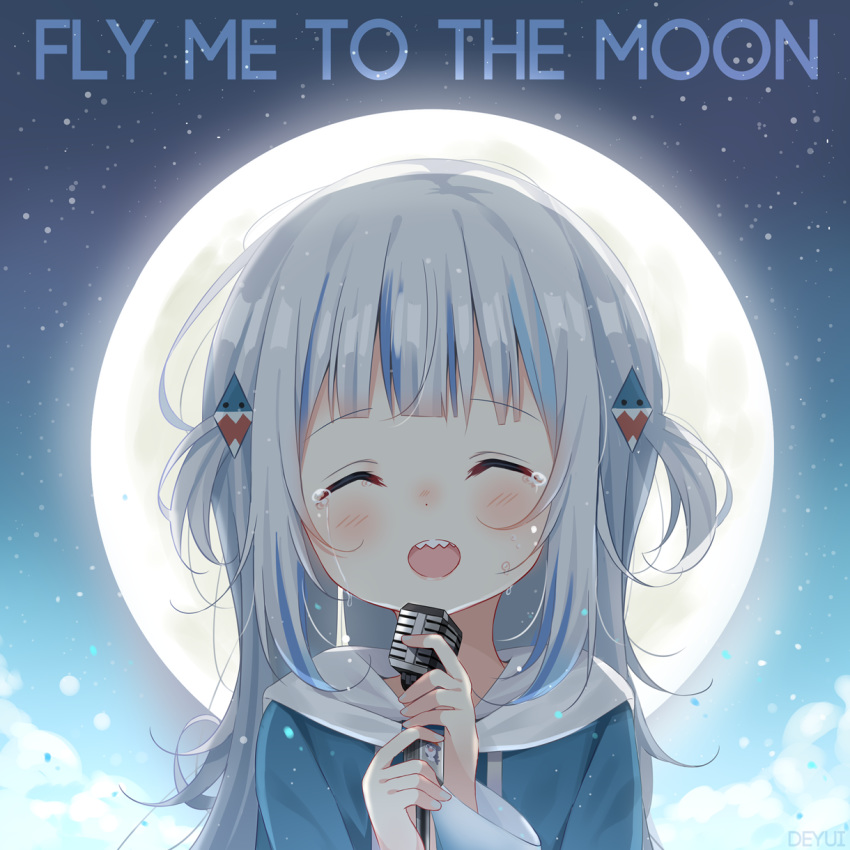 1girl ^_^ artist_name bangs blue_hair blue_hoodie blush closed_eyes commentary crying deyui english_commentary english_text eyebrows_visible_through_hair facing_viewer full_moon gawr_gura hair_ornament hands_up highres holding holding_microphone hololive hololive_english hood hood_down hoodie long_hair long_sleeves microphone moon multicolored_hair night night_sky open_mouth sharp_teeth signature silver_hair sky solo star_(sky) starry_sky streaked_hair tears teeth two_side_up upper_body virtual_youtuber wide_sleeves