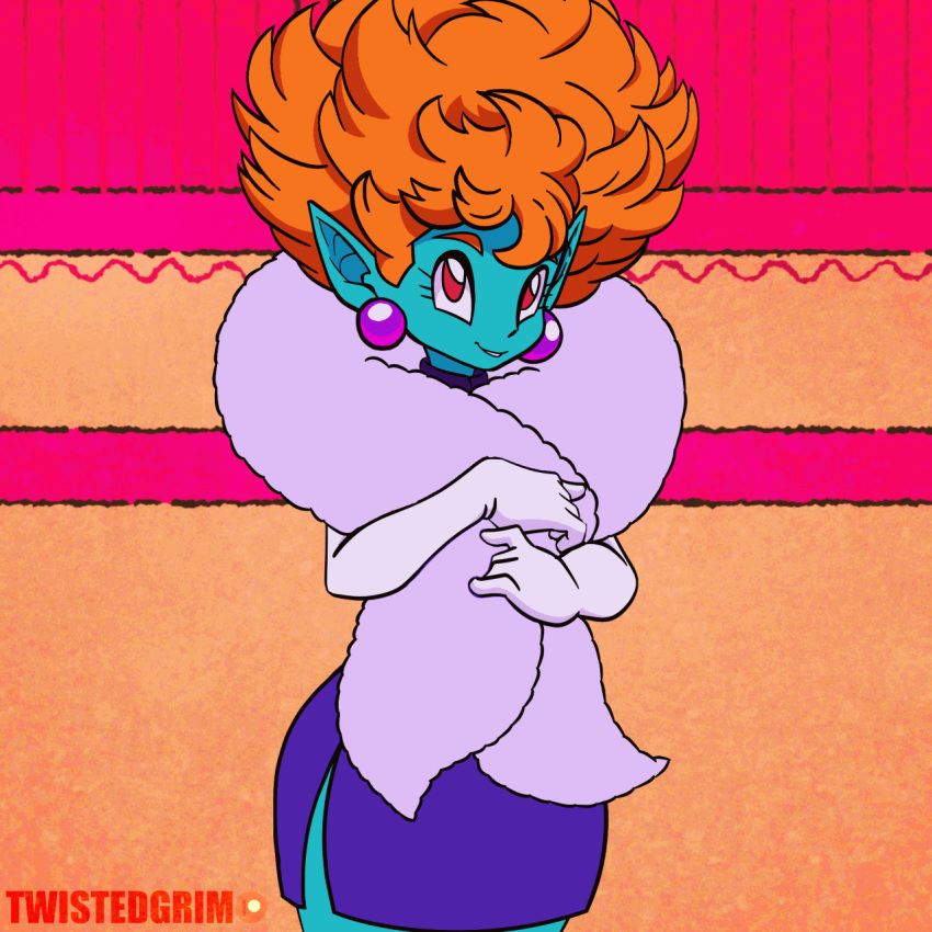 1girl :d animated animated_gif aqua_skin bare_shoulders big_hair breasts dragon_ball dragon_ball_z dress earrings elbow_gloves english_commentary fangs feather_boa gloves hebihime_(dragon_ball) highres huge_filesize impossible_clothes impossible_dress jewelry large_breasts looking_at_viewer open_mouth orange_hair pointy_ears purple_dress red_eyes smile solo standing twistedgrim white_gloves